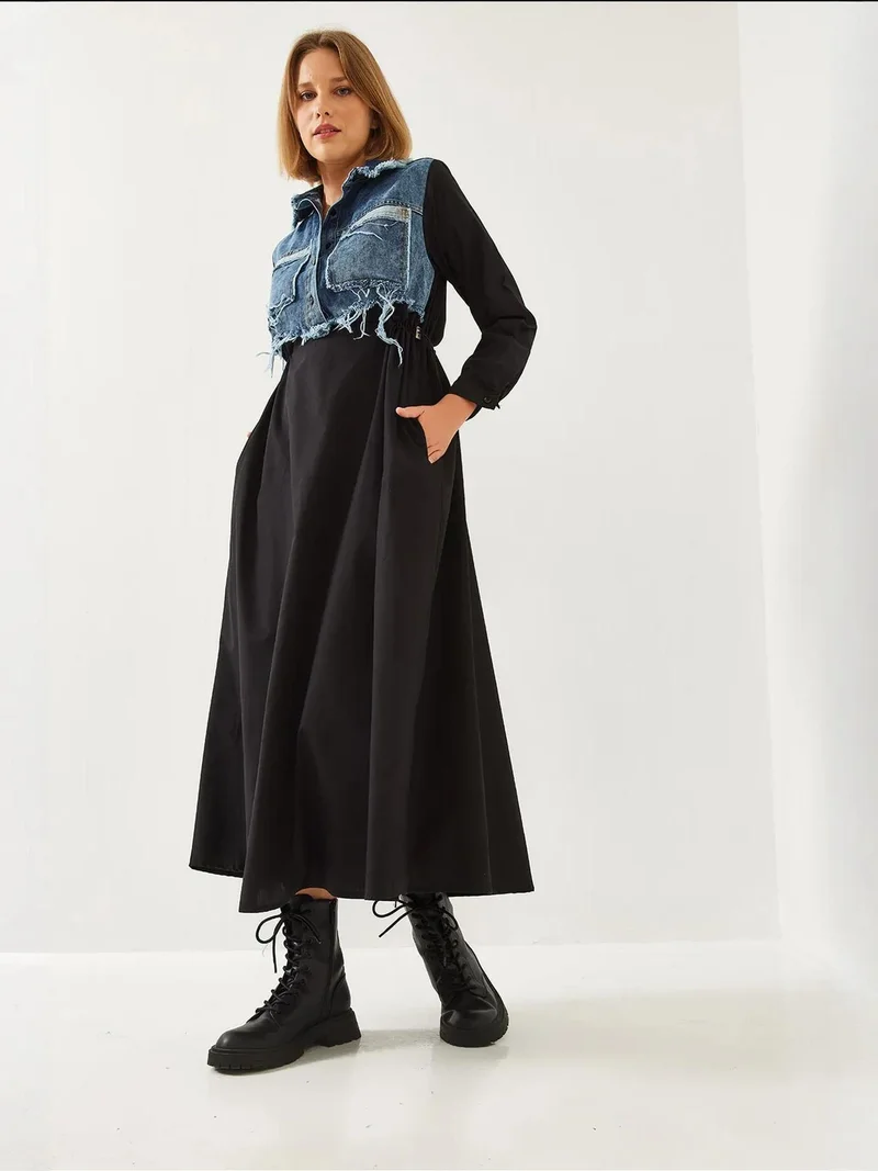 بيانكو لوتشي فستان ماكسي لوكسي من قماش الجبردين بنقوش مع ياقة قميص وإغلاق بأزرار