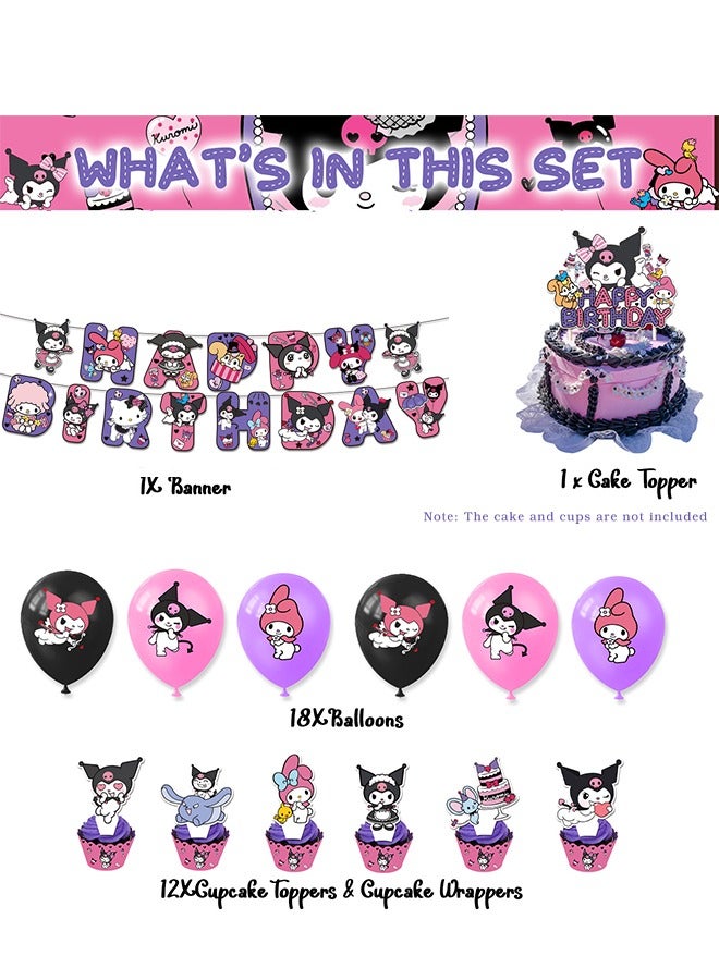 Sanrio Kuromi Cartoon Birthday Decorations, Kuromi Birthday Party Supplies, Include Happy Birthday Banner Cake Toppers Cupcake Toppers Balloons,  Anime Theme Birthday Party Supplies(Kulomi Birthday Set) - Image 2