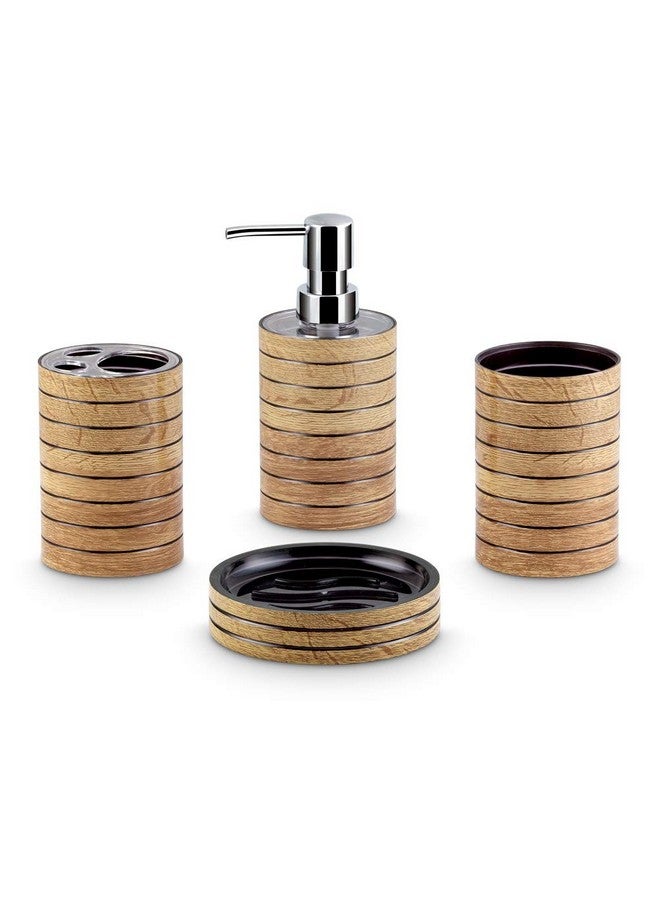 Freelance Miami Polystyrene Bathroom Accessories Set of 4, Light wood Liquid Handwash Soap Dispenser, Brush/Toothbrush Holder, Tumbler, Dish - Plastic Bathroom Set for Wash Basin Stronger than Ceramic - Image 1
