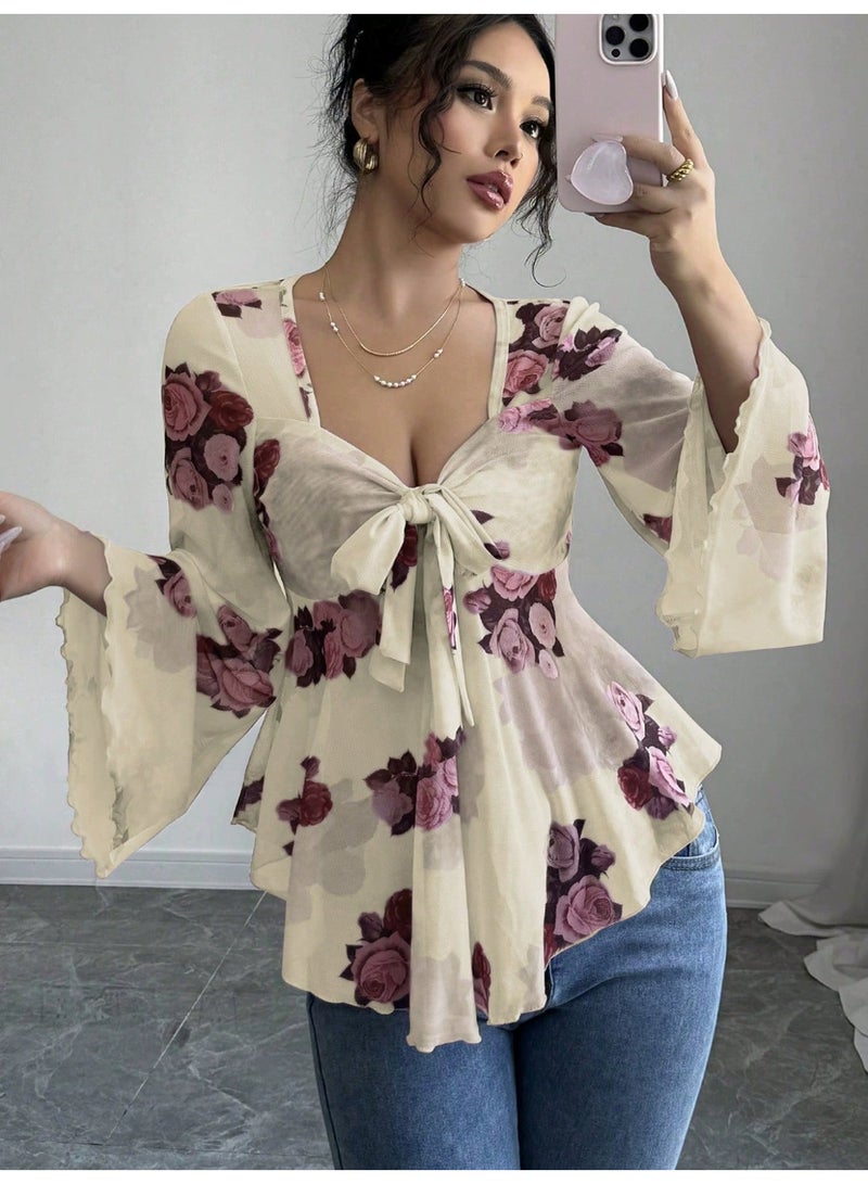 general 2025-2026 Design-inspired French-style sweet floral gradient hemmed strap square-neck long-sleeved shirt - Image 1