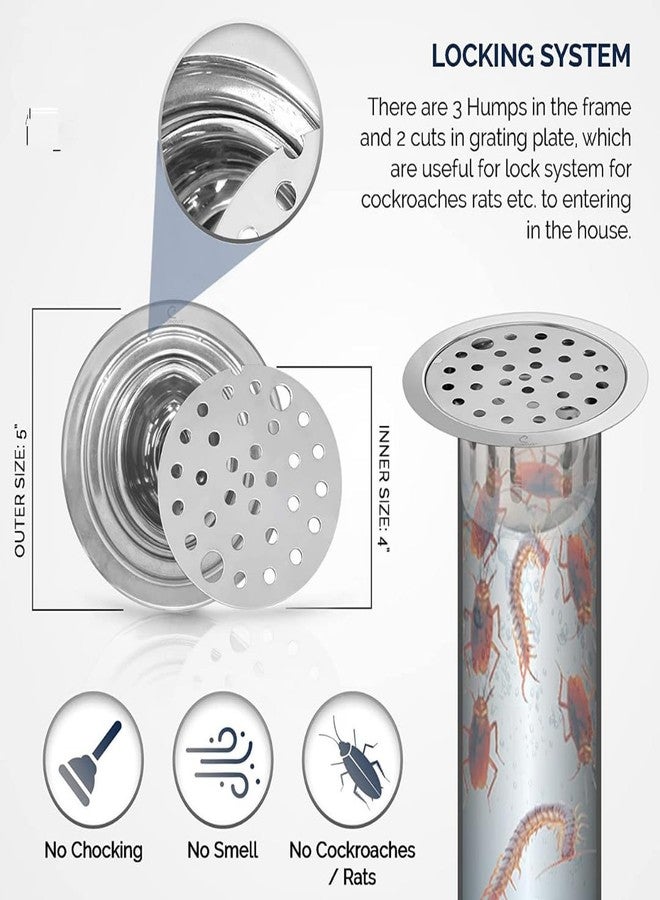 COSWARE Stainless Steel 5" Inch Holly Round Plain with Anti-Cockroach Water Drain Lock Jali for Bathroom & Kitchen (Pack of 1) - Image 2
