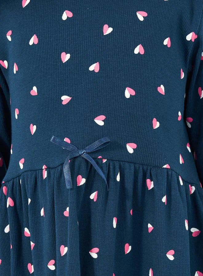 Styli All-Over Heart Print Rib Knit Knee Length Dress