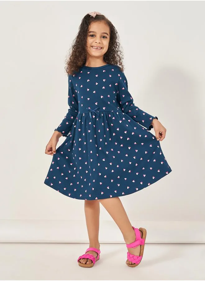 Styli All-Over Heart Print Rib Knit Knee Length Dress