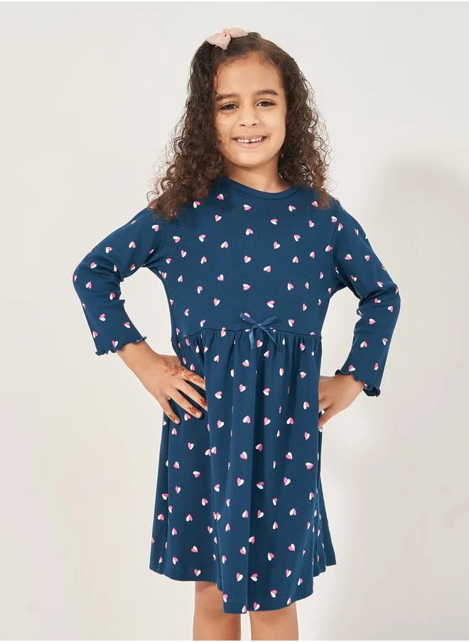 Styli All-Over Heart Print Rib Knit Knee Length Dress
