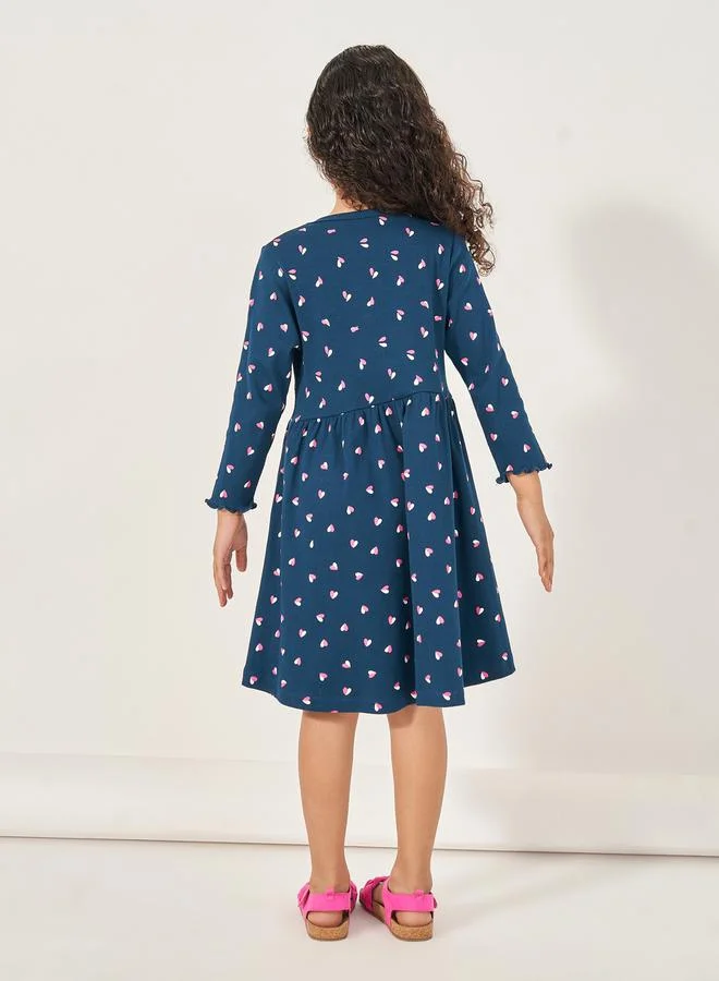 Styli All-Over Heart Print Rib Knit Knee Length Dress