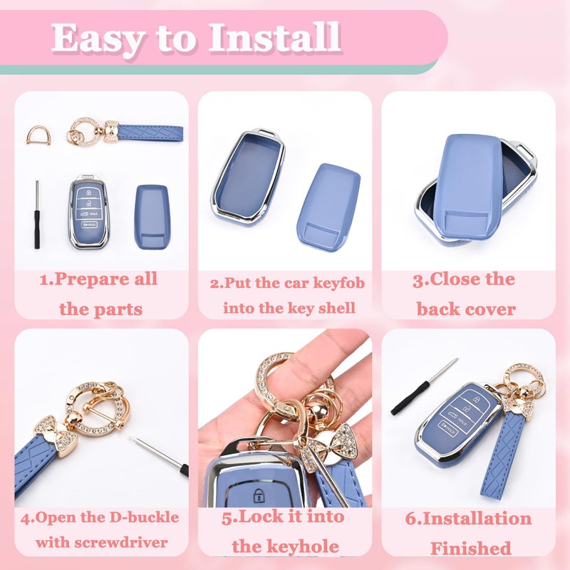JAMCARI for Toyota Key fob Cover, 3 Buttons Soft TPU Key Fob Case for 2022-2025 Toyota 4runner Prius Corolla Cross Hatchback Tundra Sequoia LE XLE Car Key Cover with Bling Keychain (Blue) - Image 4
