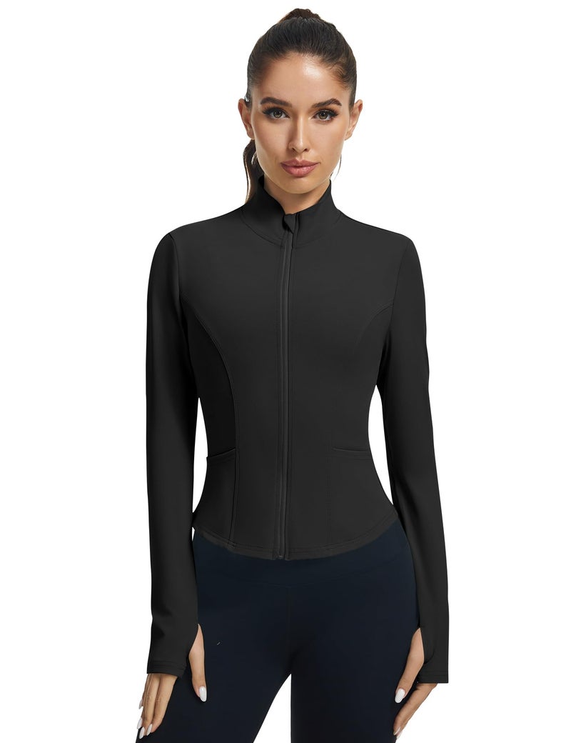 LOMON Athletic Jacket Women Womens Black Cropped Jacket Womens Workout Tops Fall Shirts Yoga Top Full Zip Up Black L - Image 4