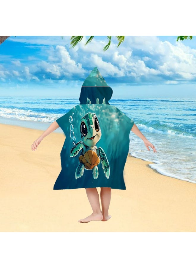 Gradient Deep Teal Underwater 3D Cartoon Baby Turtle Bubble Printed Unisex Kids Hooded Quick Dry Poncho Towel, Polyester Soft Water Absorbent Loose Windproof Bath Wrap for All Kids, Ideal for Beach, Swimming Pool, Hot Spring & Daily Shower - Image 3