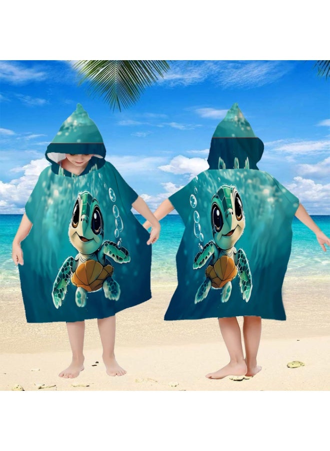 Gradient Deep Teal Underwater 3D Cartoon Baby Turtle Bubble Printed Unisex Kids Hooded Quick Dry Poncho Towel, Polyester Soft Water Absorbent Loose Windproof Bath Wrap for All Kids, Ideal for Beach, Swimming Pool, Hot Spring & Daily Shower - Image 1