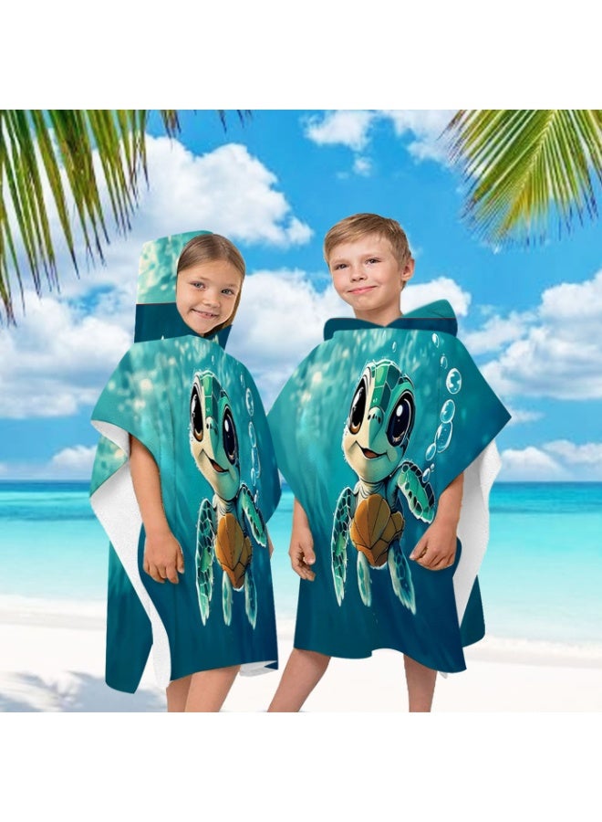 Gradient Deep Teal Underwater 3D Cartoon Baby Turtle Bubble Printed Unisex Kids Hooded Quick Dry Poncho Towel, Polyester Soft Water Absorbent Loose Windproof Bath Wrap for All Kids, Ideal for Beach, Swimming Pool, Hot Spring & Daily Shower - Image 5