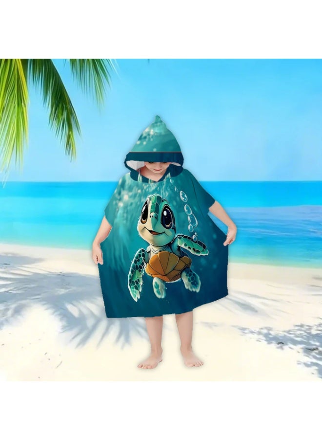 Gradient Deep Teal Underwater 3D Cartoon Baby Turtle Bubble Printed Unisex Kids Hooded Quick Dry Poncho Towel, Polyester Soft Water Absorbent Loose Windproof Bath Wrap for All Kids, Ideal for Beach, Swimming Pool, Hot Spring & Daily Shower - Image 2