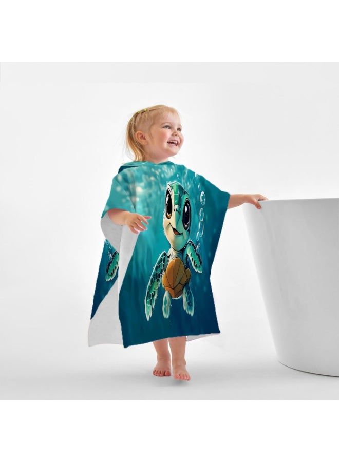 Gradient Deep Teal Underwater 3D Cartoon Baby Turtle Bubble Printed Unisex Kids Hooded Quick Dry Poncho Towel, Polyester Soft Water Absorbent Loose Windproof Bath Wrap for All Kids, Ideal for Beach, Swimming Pool, Hot Spring & Daily Shower - Image 4
