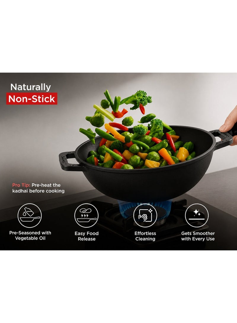 pigeon Pre- seasoned Cast Iron Kadhai, 26 cm with Lid, Capacity 4.3 L, Induction Friendly, Black - Image 5