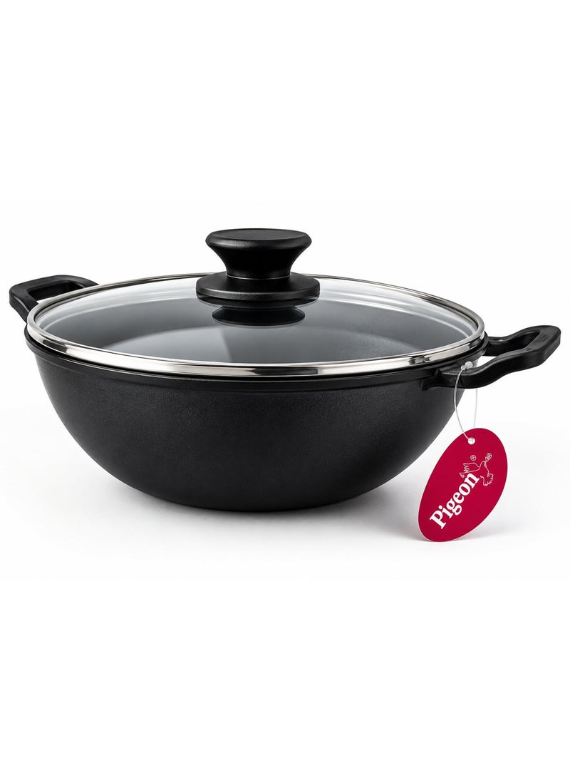 pigeon Pre- seasoned Cast Iron Kadhai, 26 cm with Lid, Capacity 4.3 L, Induction Friendly, Black - Image 1