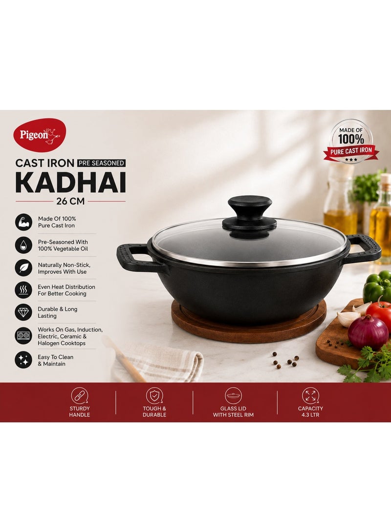 pigeon Pre- seasoned Cast Iron Kadhai, 26 cm with Lid, Capacity 4.3 L, Induction Friendly, Black - Image 4