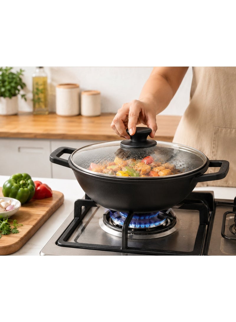 pigeon Pre- seasoned Cast Iron Kadhai, 26 cm with Lid, Capacity 4.3 L, Induction Friendly, Black - Image 3