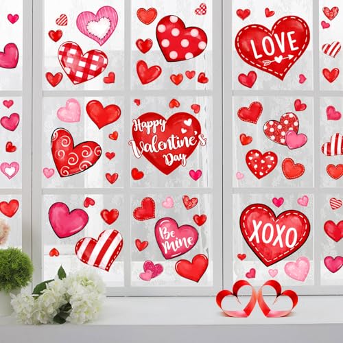 Sionoiur Valentine's Day Window Clings Love Hearts, 76 Pcs Pink Red Heart Large Window Stickers, Happy Valentines Watercolor Double-Sided Glass Decals Decor for Wedding Anniversary Home Party Decorations - Image 1