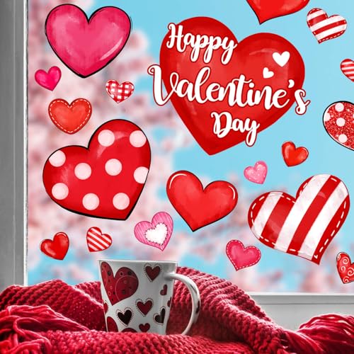 Sionoiur Valentine's Day Window Clings Love Hearts, 76 Pcs Pink Red Heart Large Window Stickers, Happy Valentines Watercolor Double-Sided Glass Decals Decor for Wedding Anniversary Home Party Decorations - Image 5