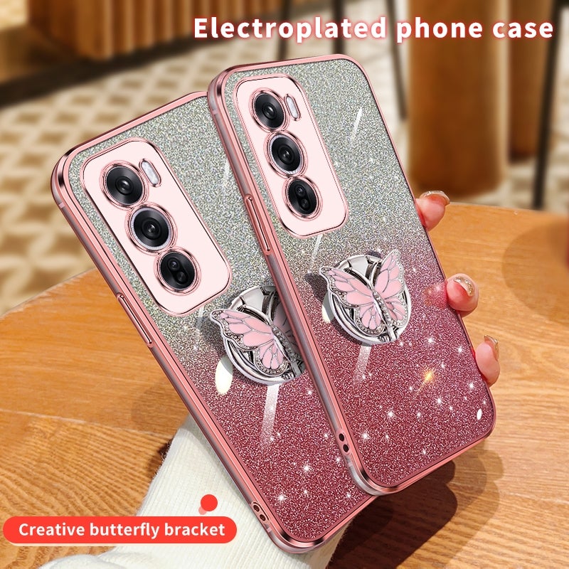 HuHa غطاء حماية لهاتف OPPO Reno12 Pro Global مطلي بطبقة لامعة متدرجة اللون على شكل فراشة، جراب هاتف TPU باللون الوردي - Image 3