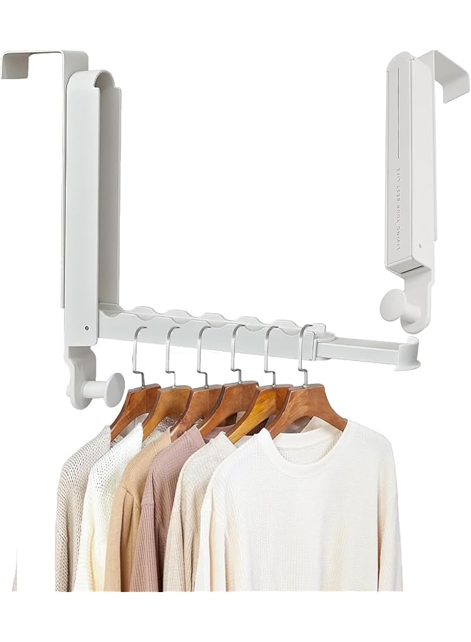 PROMASS Over The Door Hooks Hanger, Over The Door Hanger with Retractable Rod, Foldable Over The Door Drying Rack for Laundry Bathroom Bedroom Travel Hangers (Milky White, 1 Pack)  - Image 1