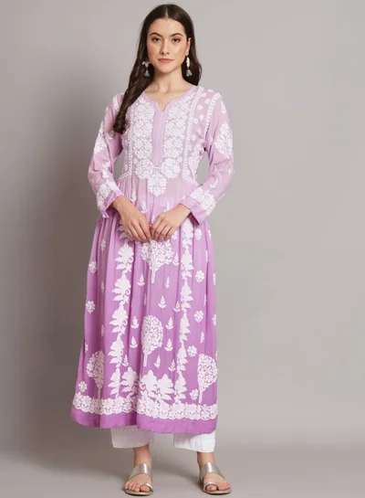 Alaya Hand Embroidered Chikankari A Line Muslin Kurta-AL3664