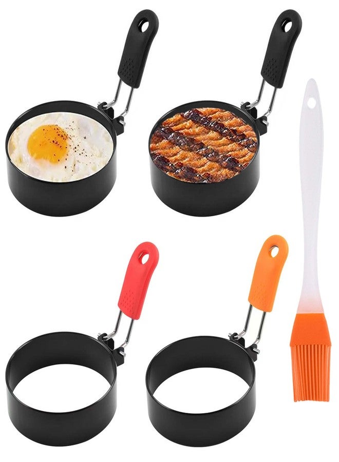 3.5" Nonstick Stainless Steel Egg Rings Set of 4 with Oil Brush, Round Crumpet Ring Mold for Muffins Pancake Cooking Griddle, Portable Grill Accessories for Indoor Camping Breakfast Sandwich Burger - Image 1