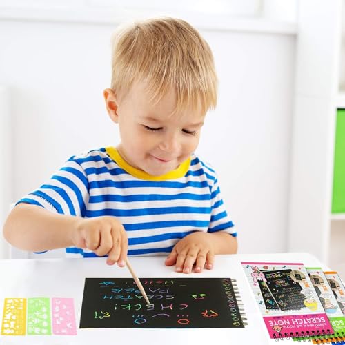 PLUSPOINT Scratch Note Books, 10 Pages Rainbow Scratch Art Book Magic Doodle Scratch Painting Sketch Art Drawing Notepads with Wooden Stylus for Kids Arts and Crafts Perfect Travel Activity (4) - Image 3