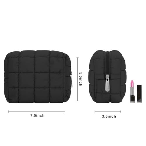 E-Tree Cute Makeup Bag,Quilted Cosmetic Bag,Make up Pouch for Purse,Toiletry Zipper Pouch,Checkered Bag,Travel Case,Storage Pouches for Organization (Black) - Image 2