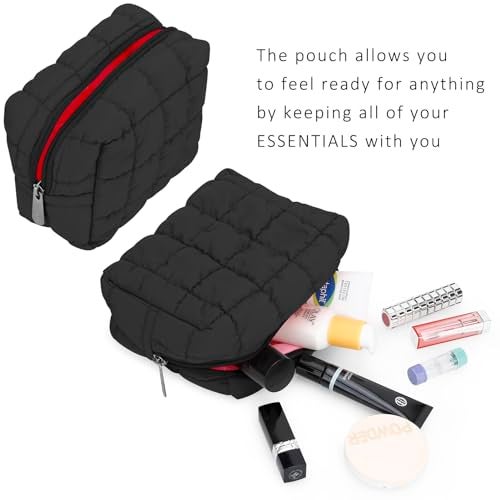 E-Tree Cute Makeup Bag,Quilted Cosmetic Bag,Make up Pouch for Purse,Toiletry Zipper Pouch,Checkered Bag,Travel Case,Storage Pouches for Organization (Black) - Image 4