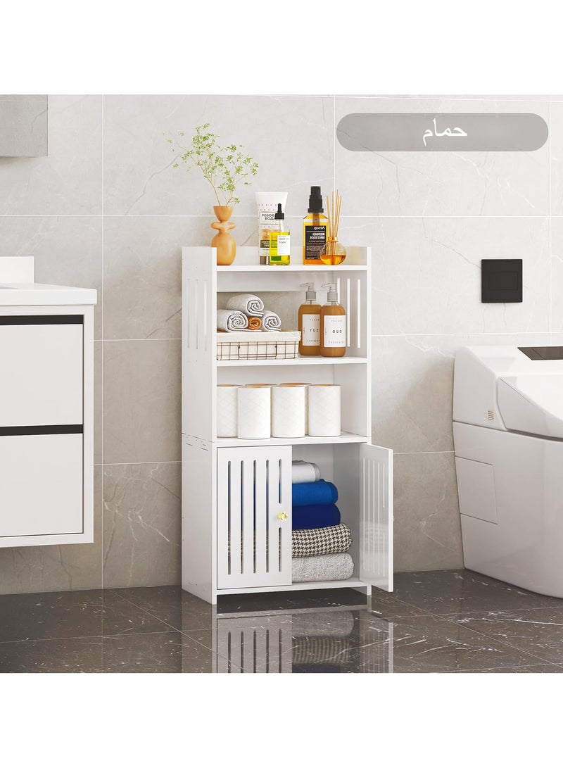 نوايوو خزانة حمام مكونة من 4 طبقات، خزانة تخزين حمام قائمة بذاتها مع 3 أرفف تخزين مفتوحة وباب مزدوج، منظم تخزين للمنزل - Image 2