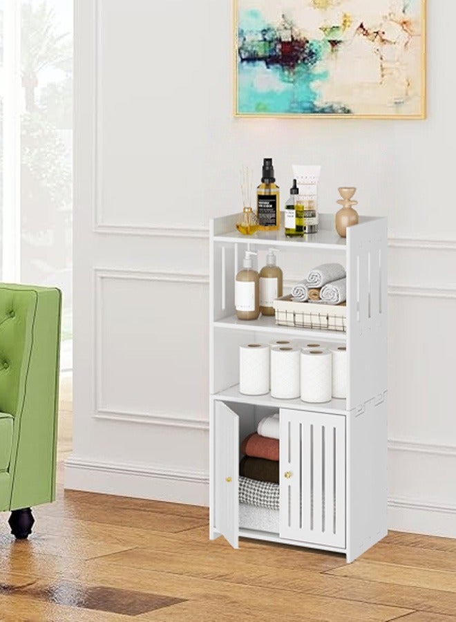 نوايوو خزانة حمام مكونة من 4 طبقات، خزانة تخزين حمام قائمة بذاتها مع 3 أرفف تخزين مفتوحة وباب مزدوج، منظم تخزين للمنزل - Image 1