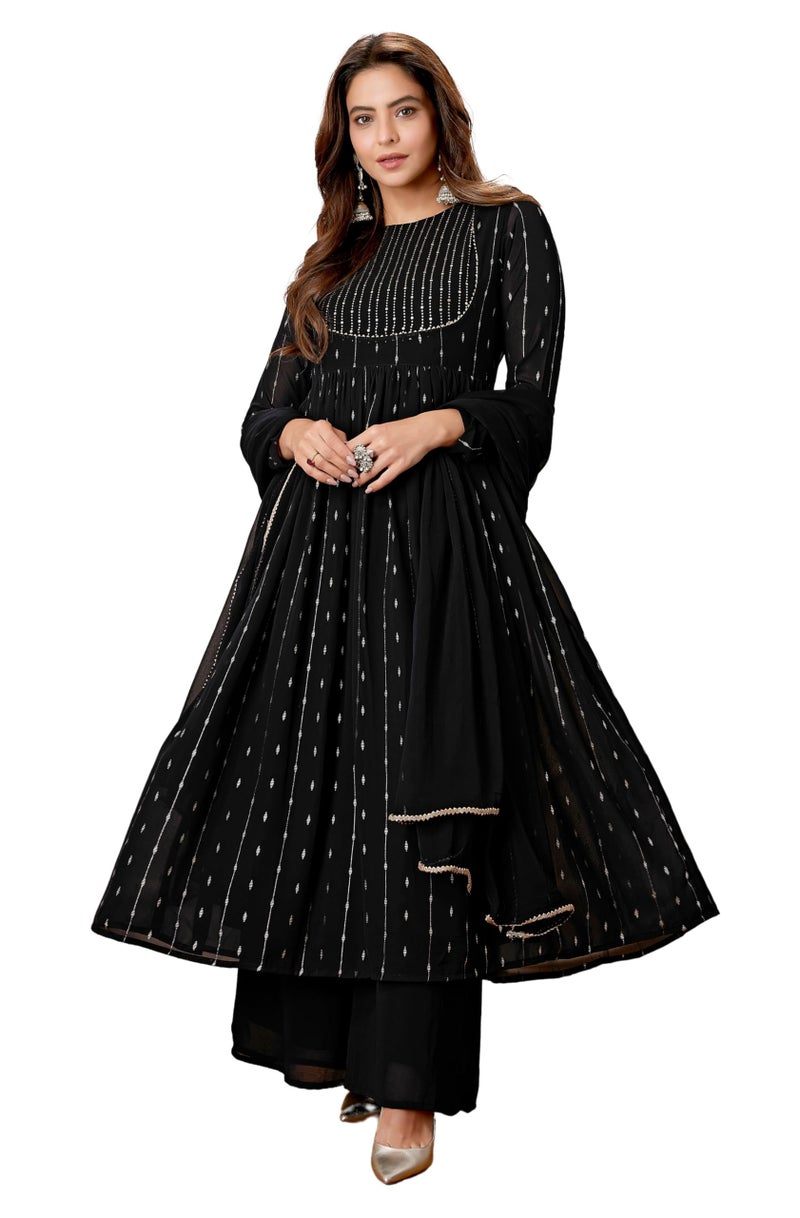 Janasya Women Black Georgette Kurta with Palazzo & Dupatta with Foil Print Print Outfit for Women - Image 1