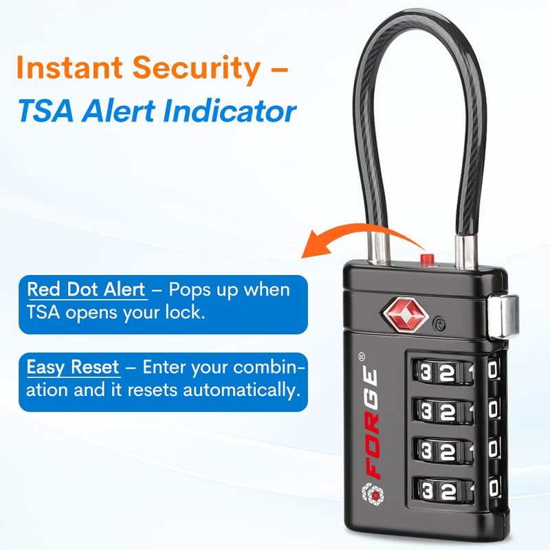 أقفال أمتعة Forge معتمدة من TSA – أقفال سفر TSA برمز مكوّن من 4 أرقام مع TSA008، ومؤشر تنبيه عند الفتح، وهيكل من سبيكة الزنك للأمتعة وحقيبة السفر وحقيبة الظهر وغير ذلك، أسود 2 PK، أقفال كابل - Image 3
