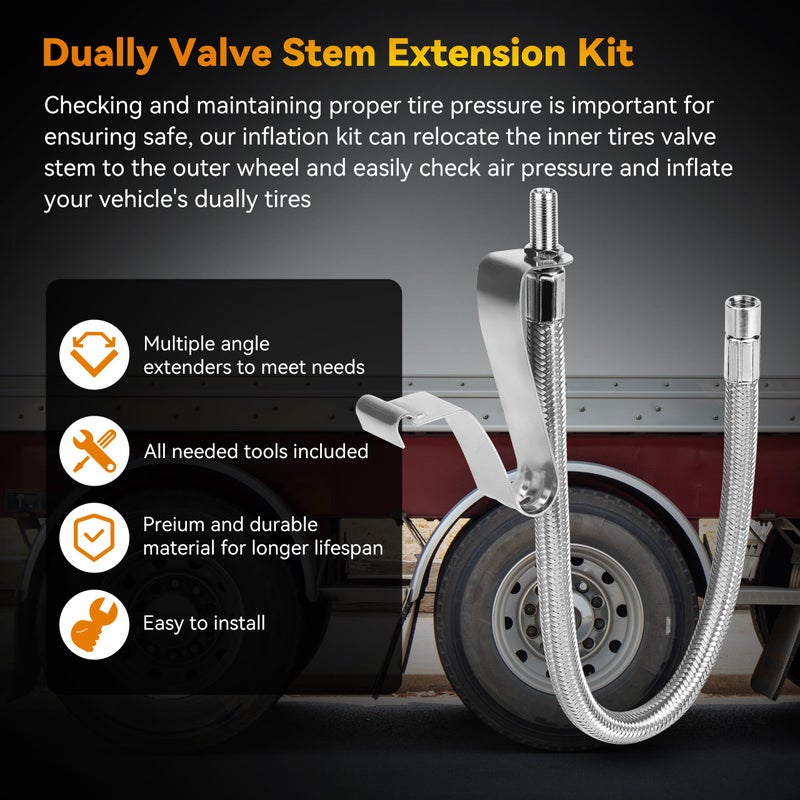 RVZONE Dually Valve Stem Extenders Kit, Stainless Steel Braided Valve Stem Extension fits 16" to 19-1/2" Dual Wheels Tire Valve Extension for Most Cars Motorhome RVs Trailers Trucks - Image 2