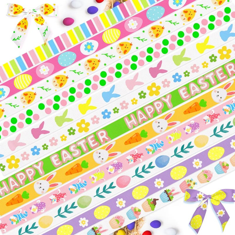 Heureppy 9 Pieces 38 Easter Ribbons Happy Easter Words Grosgrain Decor Ribbons 3 Yards Easter Spring Rabbits Flowers Satin Ribbon for Spring Easter Party Holiday Gift Packaging DIY Decoration Supplies - Image 3
