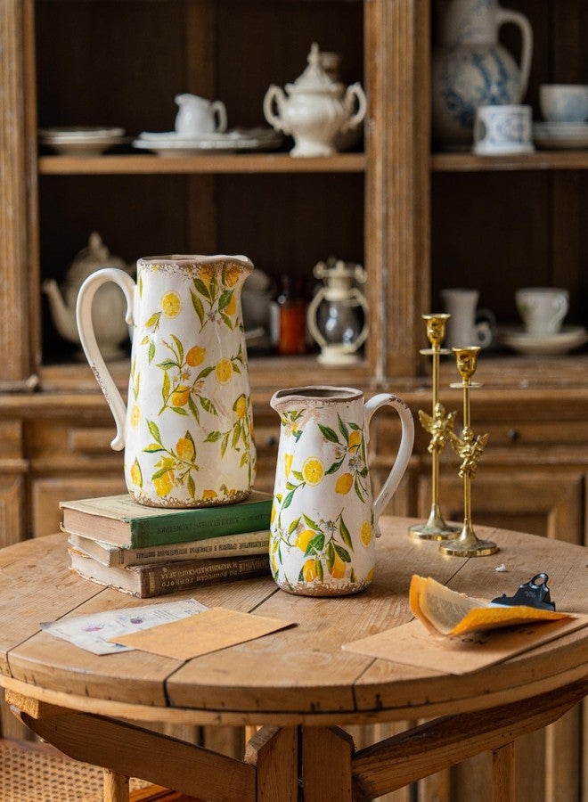 TEWEIQI Floral Ceramic Pitcher Vase with Handle, French Farmhouse Rustic Style Home Decoration Centerpiece Table Decoration Wedding Gift, Gift for Mother, Height 9'' (Lemon) - Image 4