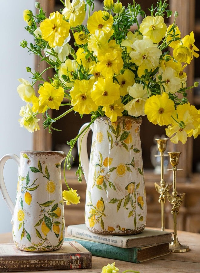 TEWEIQI Floral Ceramic Pitcher Vase with Handle, French Farmhouse Rustic Style Home Decoration Centerpiece Table Decoration Wedding Gift, Gift for Mother, Height 9'' (Lemon) - Image 3