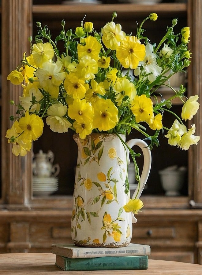 TEWEIQI Floral Ceramic Pitcher Vase with Handle, French Farmhouse Rustic Style Home Decoration Centerpiece Table Decoration Wedding Gift, Gift for Mother, Height 9'' (Lemon) - Image 2