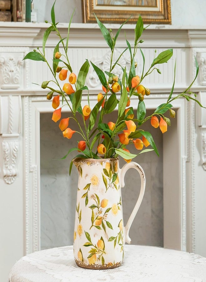 TEWEIQI Floral Ceramic Pitcher Vase with Handle, French Farmhouse Rustic Style Home Decoration Centerpiece Table Decoration Wedding Gift, Gift for Mother, Height 9'' (Lemon) - Image 1