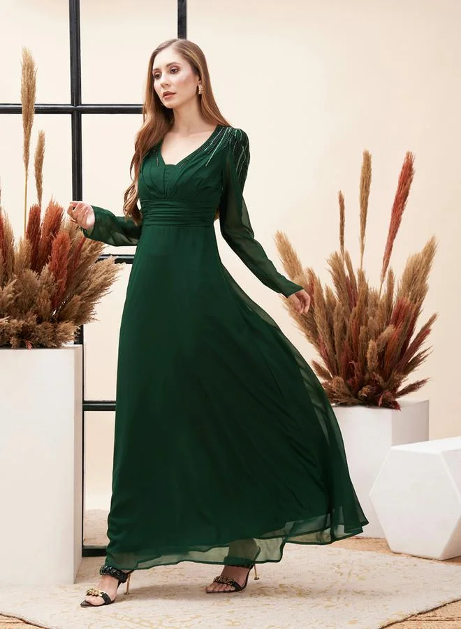 Mish Beaded Yoke A-Line Maxi Dress by Styli