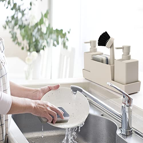 YAUKPH Kitchen Soap Dispenser with Sponge Holder Set for Sink Caddy, Hand Soap and Dish Soap Dispenser with Brush Matte Beige - Image 5