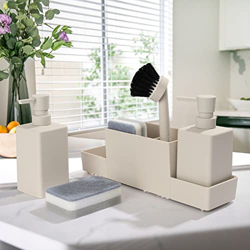 YAUKPH Kitchen Soap Dispenser with Sponge Holder Set for Sink Caddy, Hand Soap and Dish Soap Dispenser with Brush Matte Beige - Image 4