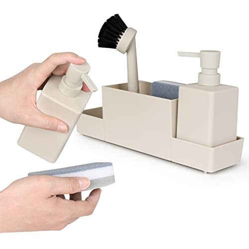 YAUKPH Kitchen Soap Dispenser with Sponge Holder Set for Sink Caddy, Hand Soap and Dish Soap Dispenser with Brush Matte Beige - Image 2