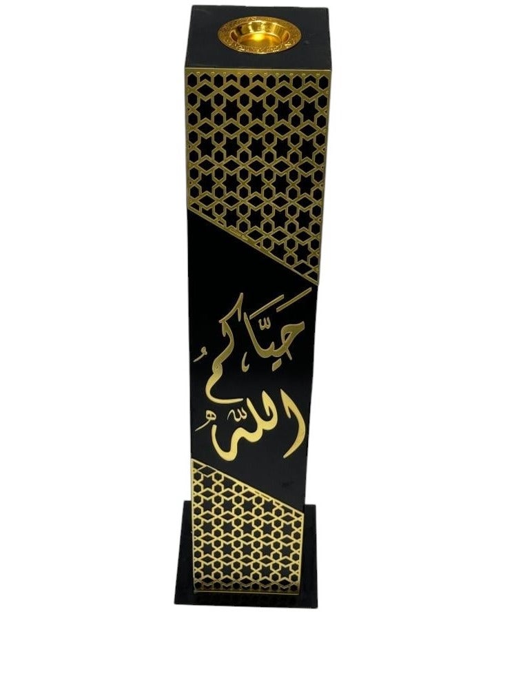 fan baytk Black square wooden incense burner with Islamic engravings in golden acrylic - "Welcome to God" phrase - Dimensions 15 x 15 cm and height 80 cm - An artistic touch and a fragrant scent for all occasions, whether family gatherings or receptions, as it creates an atmosphere of warmth and welcome. - Image 2