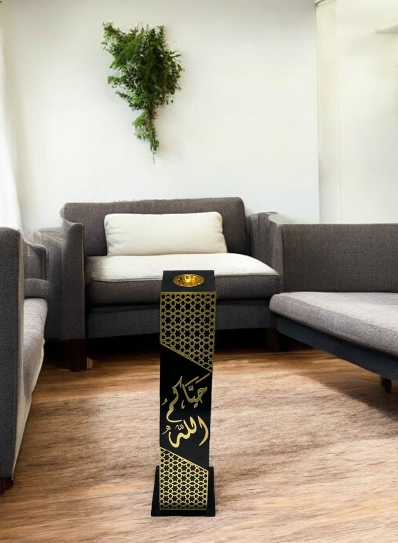 fan baytk Black square wooden incense burner with Islamic engravings in golden acrylic - "Welcome to God" phrase - Dimensions 15 x 15 cm and height 80 cm - An artistic touch and a fragrant scent for all occasions, whether family gatherings or receptions, as it creates an atmosphere of warmth and welcome. - Image 1