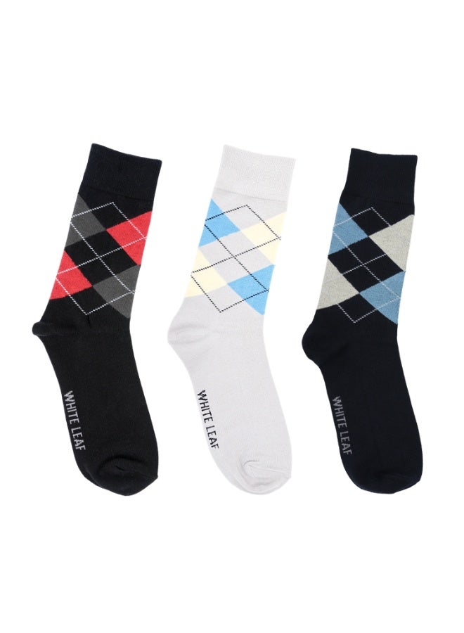 الورقة البيضاء جوارب رجالية للشركات – قابلة للتنفس، تمتص الرطوبة، ثابتة – قطن عالي الجودة – 3 أزواج (رمادي فاتح، أسود، أزرق) - Image 2