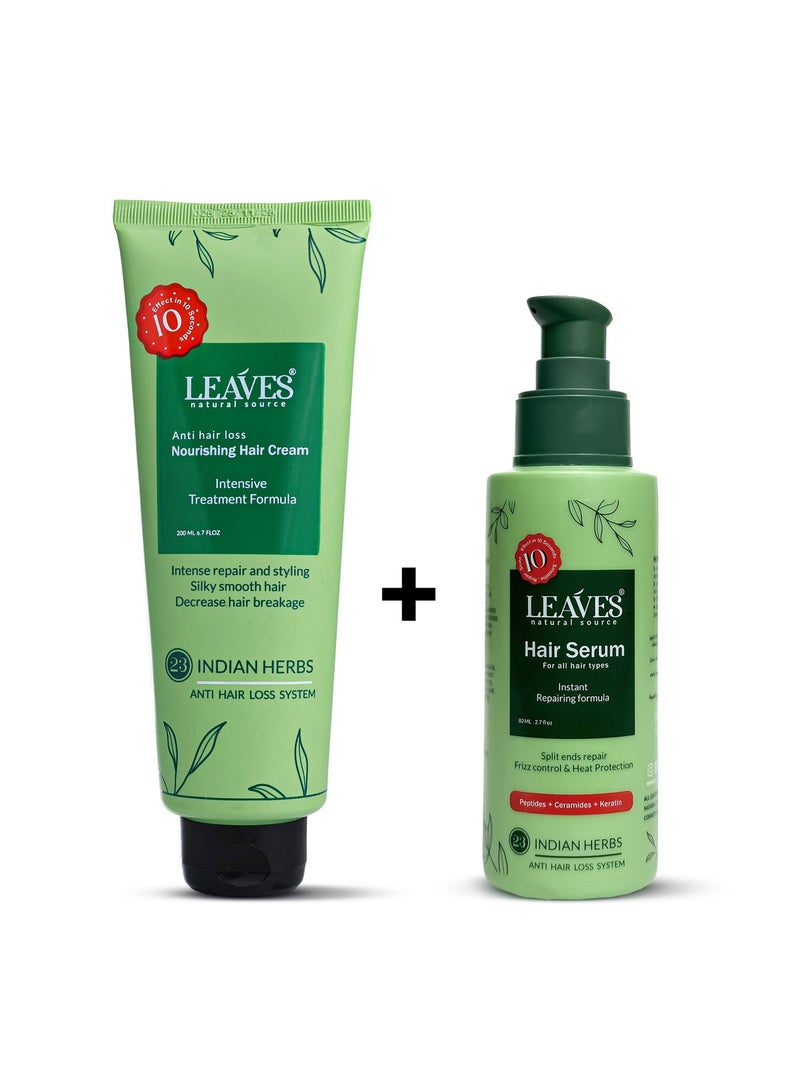 LEAVES Nourishing and Styling Hair Cream 200ml & Hair serum For all Hair Types Instant Repairing 80ml Bundle - Image 1
