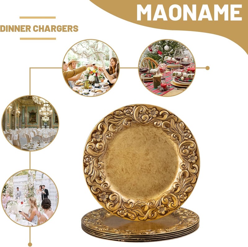 MAONAME 13 أطباق شحن ذهبية عتيقة أطباق دائرية مع حافة بارزة أطباق بلاستيكية لأطباق العشاء إعداد الطاولة مجموعة من 6 - Image 4