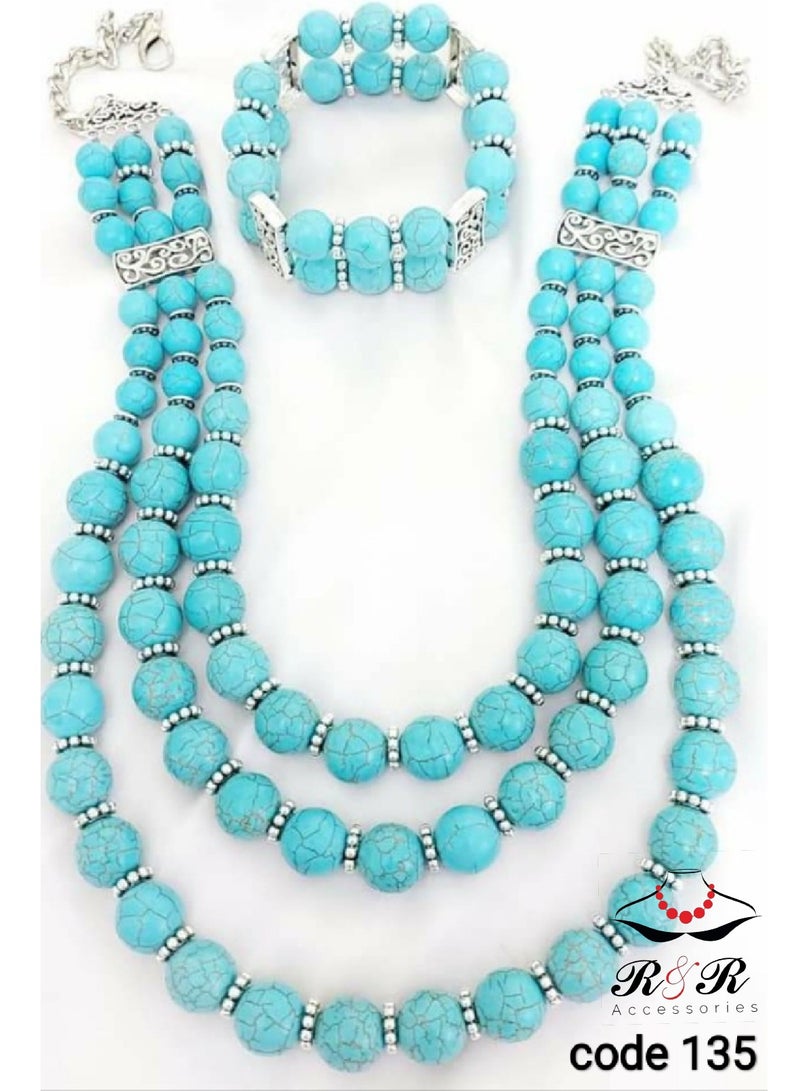 R&R Women's multi-role set of natural turquoise necklace and bracelets