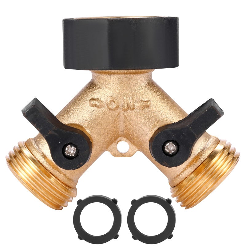 Sanpaint Garden Hose Splitter 2 Way Heavy Duty, Y Connector Brass Garden Hose Adapter, Hose Bib Splitter with 2 Extra Rubber Washers - Image 1
